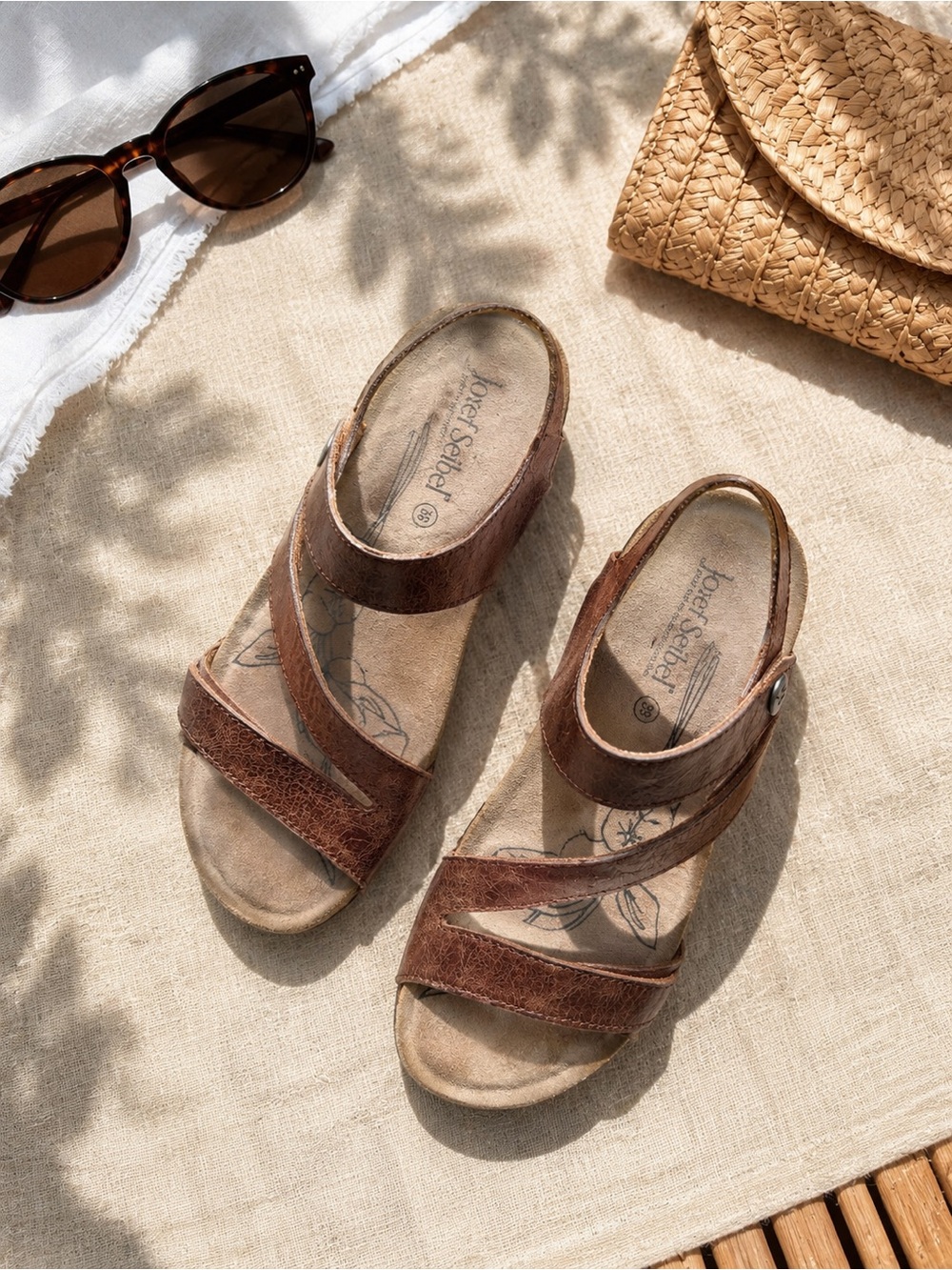 Josef Seibel Brown Leather Cross-Strap Slingback Sandals
